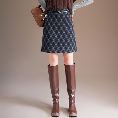 包臀裙格子毛呢半身裙字半身裙