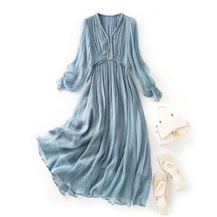 芭碧尔女装真丝连衣裙长袖春夏季新款乔其纱仙女连衣裙85044