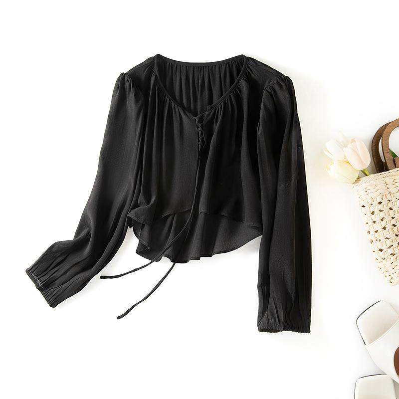 双绉！！！桑蚕丝长袖女装短款系带沙滩防晒衣飘逸真丝85101