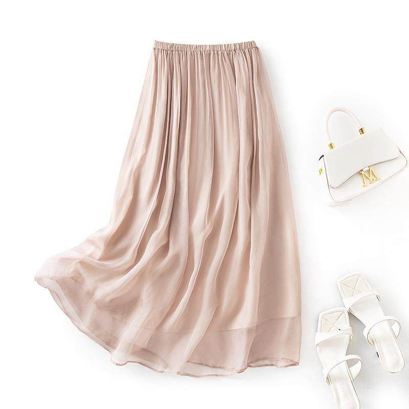 实拍松紧腰真丝半身裙女夏季中长款气质松紧腰纯色飘逸裙85062