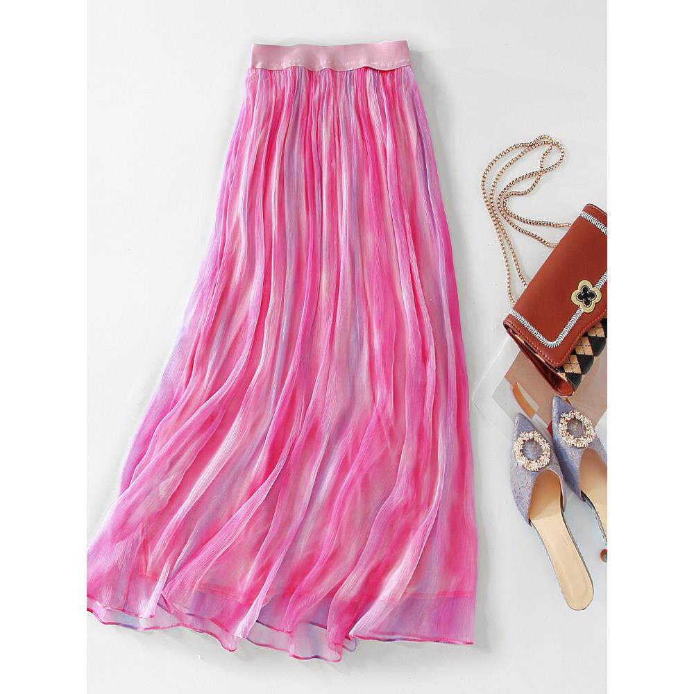 高端粉色真丝半身裙长款桑蚕丝飘逸大摆垂坠感2026夏季海边长裙