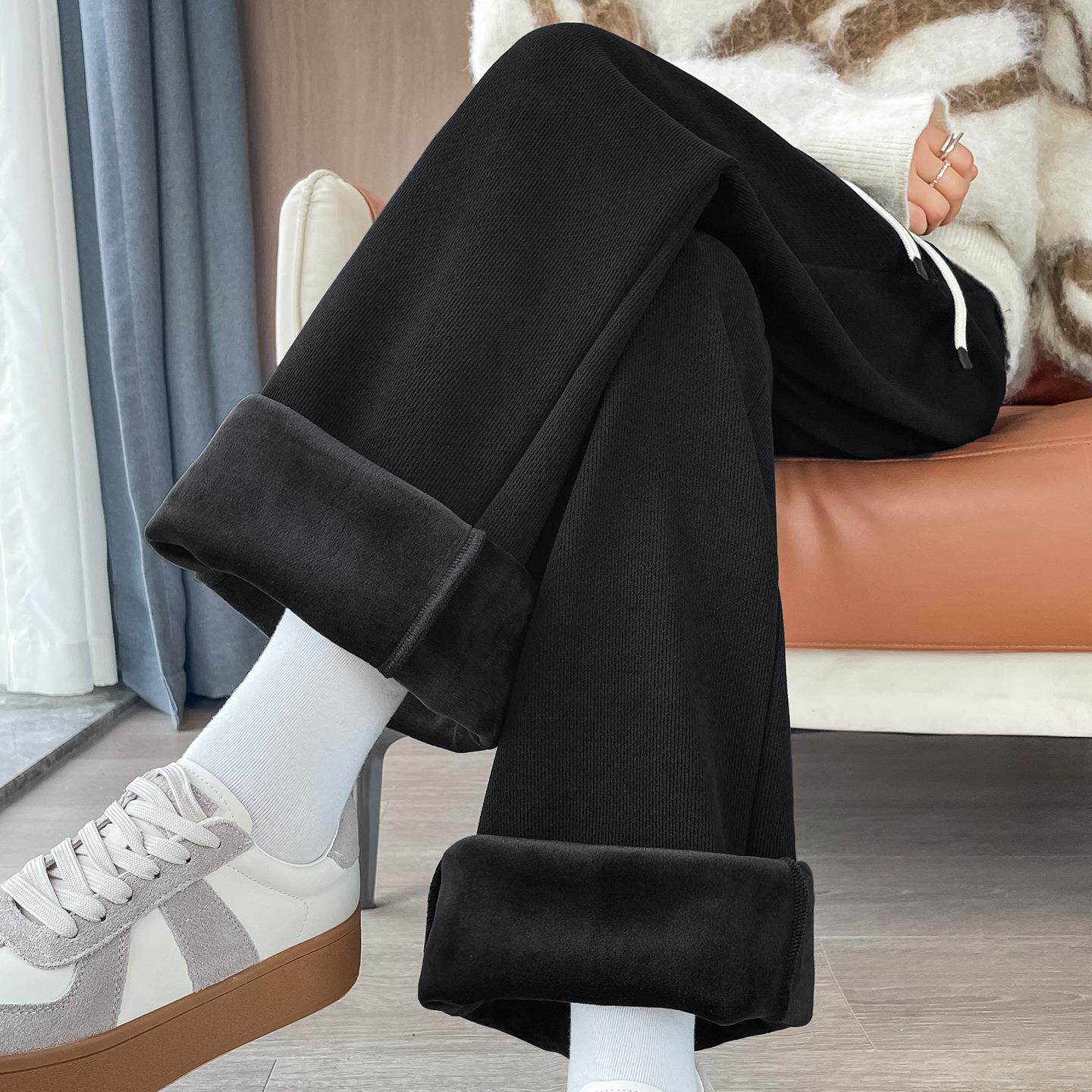 欧美跨境黑色加绒阔腿裤女2025年冬季加厚显瘦大码胖mm休闲运动裤