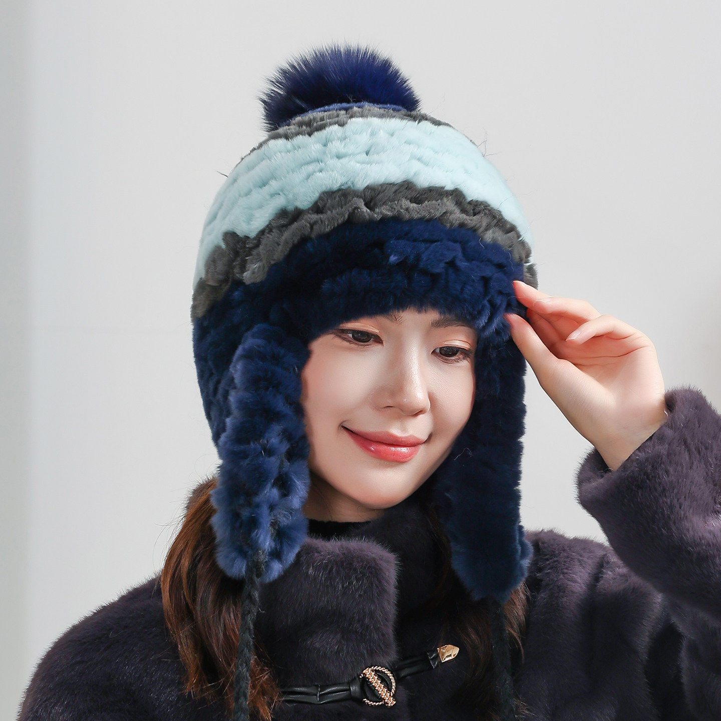 新款韩国獭兔毛皮草护耳帽真毛保暖狐狸毛球球拼撞色包头帽子女冬