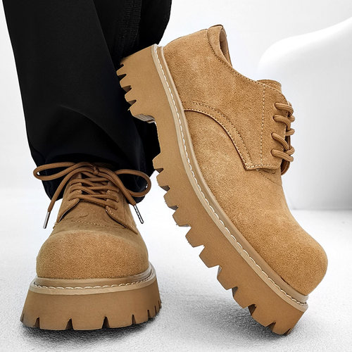 美式棕色大头德比鞋男英伦复古通勤翻毛皮厚底皮鞋圆头增高米奇鞋