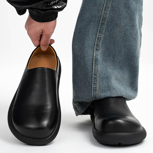 黑色小土豆勃肯鞋男潮一脚蹬包头半拖懒人鞋通勤大头德比穆勒鞋女