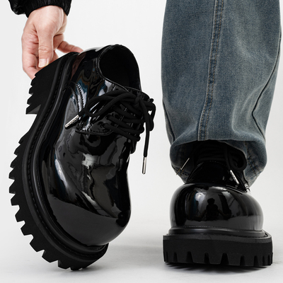 黑色10cm隐形增高德比鞋男漆皮亮面发型师休闲皮鞋厚底米奇大头鞋