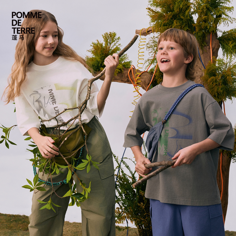 [毛怪]蓬马大童T恤短袖棉电子印花春夏装男女儿童pomme de terre