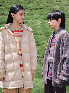 蓬马大童羽绒服中长款连帽立体方格秋冬装男女儿童pomme de terre