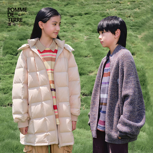 蓬马大童羽绒服中长款连帽立体方格秋冬装男女儿童pomme de terre - 封面