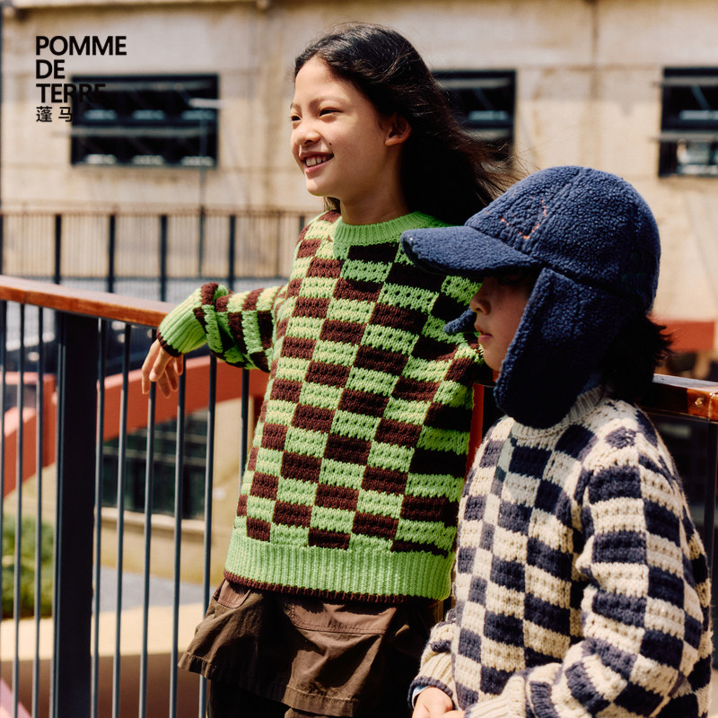 蓬马大童毛衣套头长袖棋盘格复古秋冬装男女儿童pomme de terre,童装/婴儿装/亲子装,亲子装/亲子时装,淘宝优惠券,粉丝福利购,淘宝优惠卷