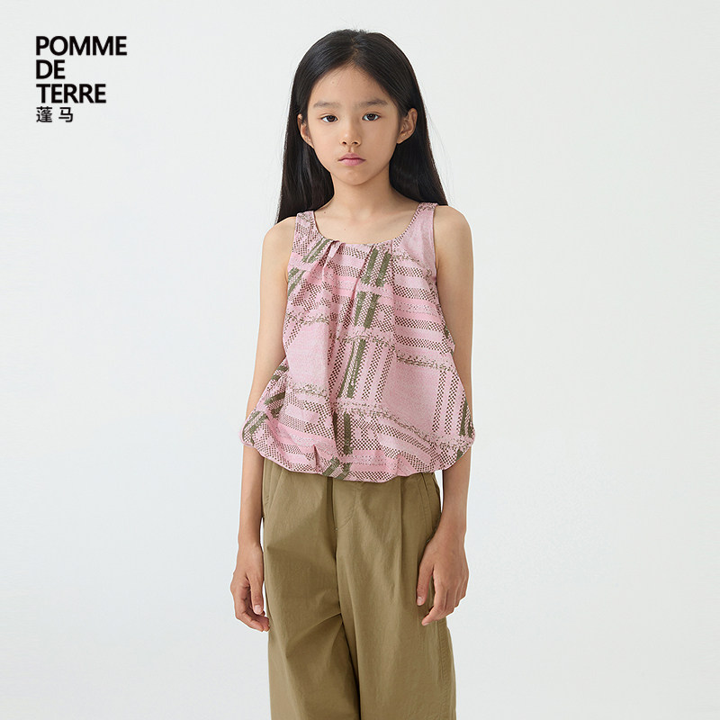 蓬马大童衬衫无袖电子感格纹棉质舒适春夏装女儿童pomme de terre