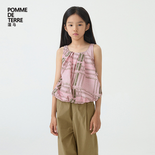 女儿童pomme 蓬马大童衬衫 无袖 电子感格纹棉质舒适春夏装 terre