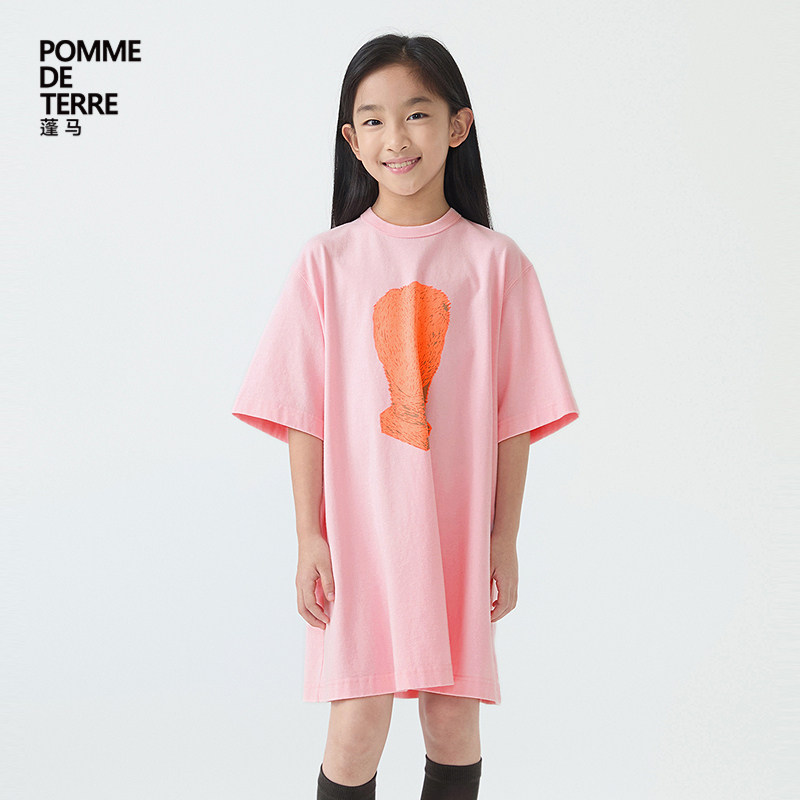 蓬马大童连衣裙短袖全棉汗布胶浆印花春夏装女儿童pomme de terre