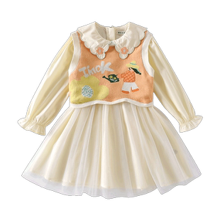 男生女生童装女童连衣裙套装2024新款儿童纱裙春秋款娃娃领公主裙