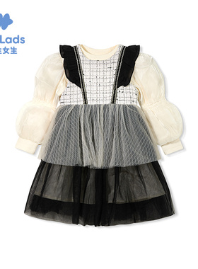 男生女生女小童假两件连衣裙小香风拼接网纱裙NDLEJ33732A