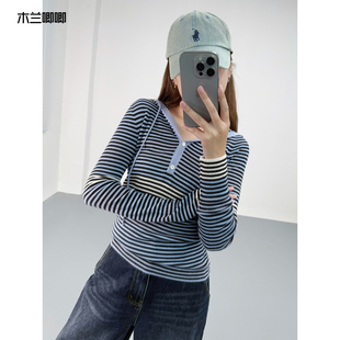 木兰唧唧 条纹撞色连帽针织上衣休闲百搭毛衣上衣女小外套