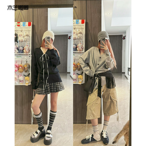 木兰唧唧 简约百搭斜扣长袖针织外套慵懒松弛宽松时尚毛衣上衣