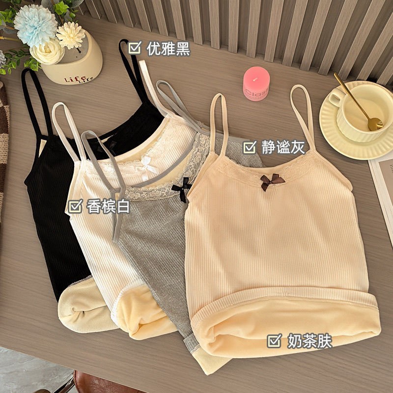 保暖背心女加绒加厚吊带纯欲蕾丝修身显瘦打底发热无袖内搭上衣冬