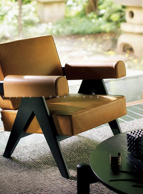 北欧实木洽谈休闲椅现代客厅简约真皮单人沙发椅侘寂风设计师酒店