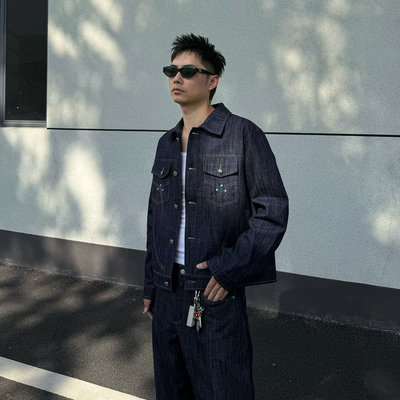 绿松石复古短款牛仔夹克外套