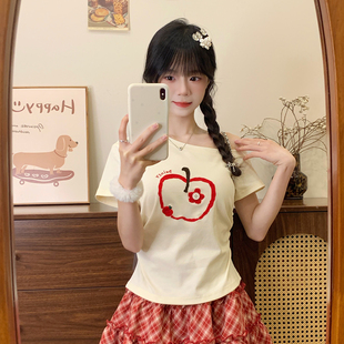 T恤女小个子收腰绝美短款 红续甜辣纯欲植绒卡通杏色斜肩短袖 上衣