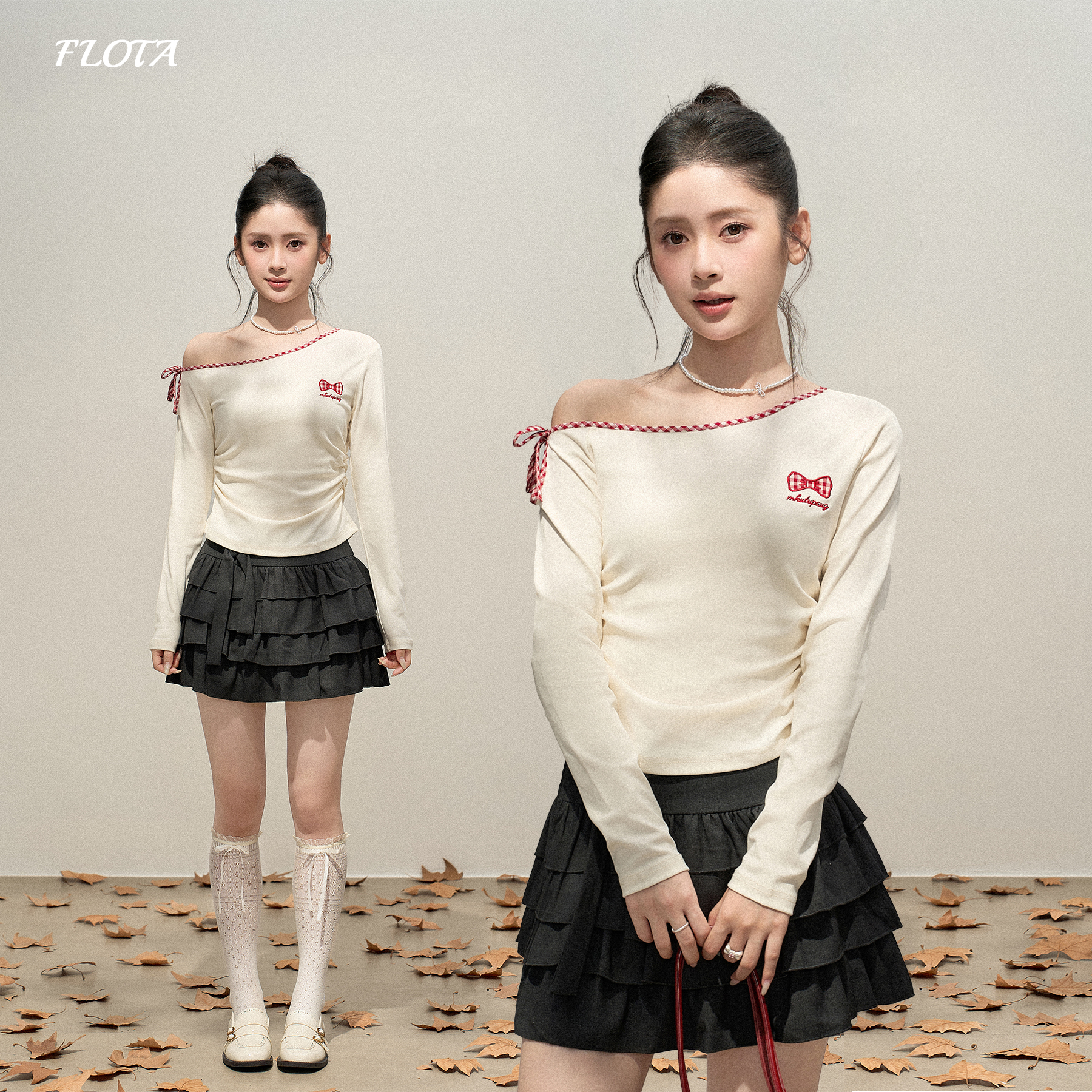 甜辣风刺绣蝴蝶结斜肩绑带长袖T恤秋季新款修身显瘦内搭短款上衣