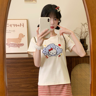 红续甜妹风刺绣格纹凯蒂猫正肩短袖 T恤女夏日漂亮修身 小上衣新款