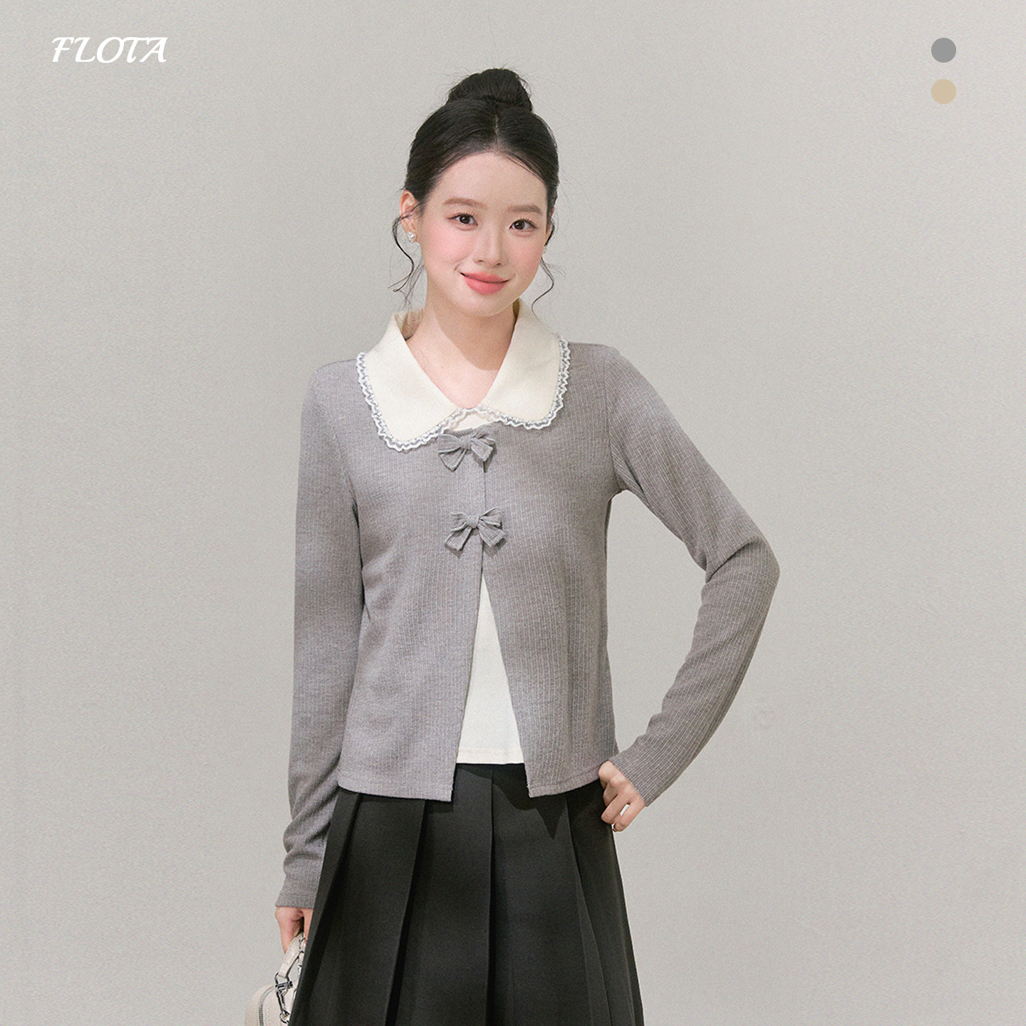 【flota】氛围感蕾丝花边娃娃领蝴蝶结长袖打底假两件显瘦上衣女