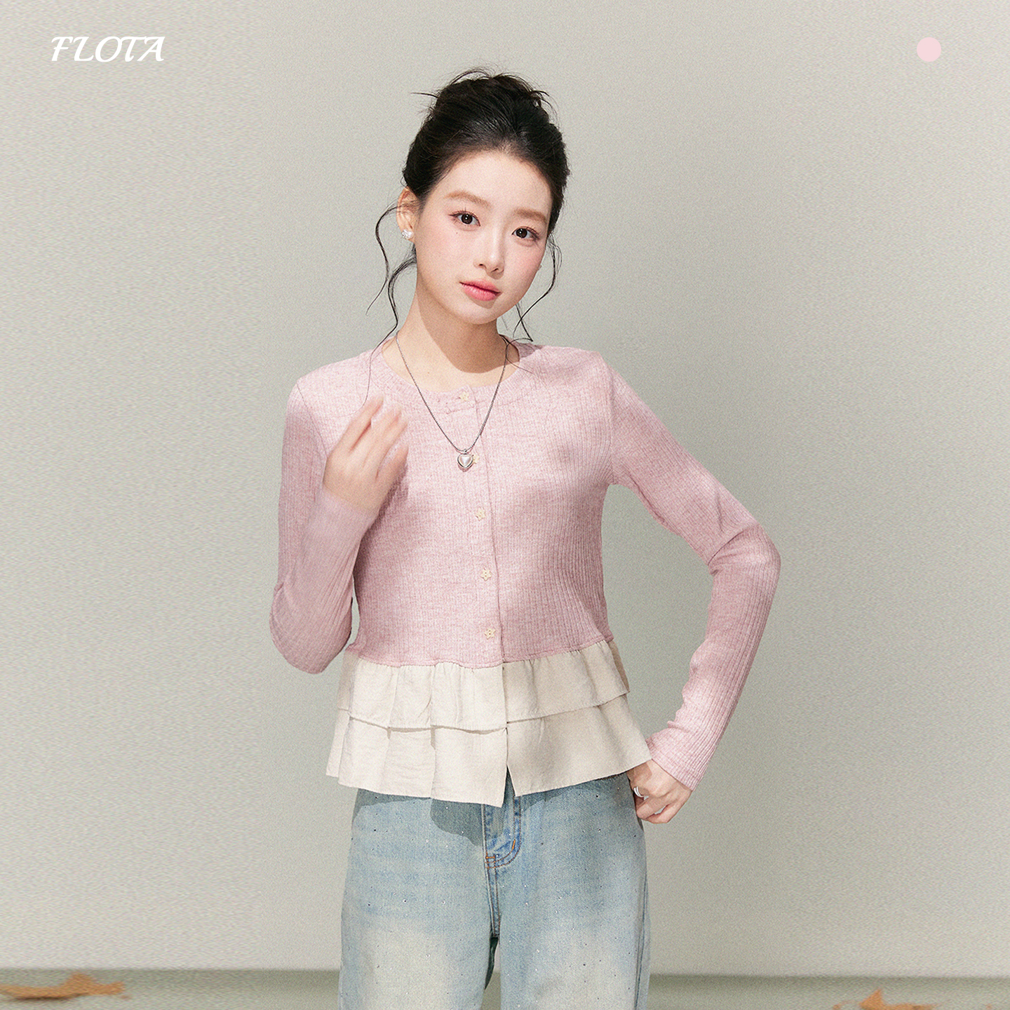 法式甜美荷叶边下摆拼接星星纽扣长袖开衫秋冬季修身短款针织上衣