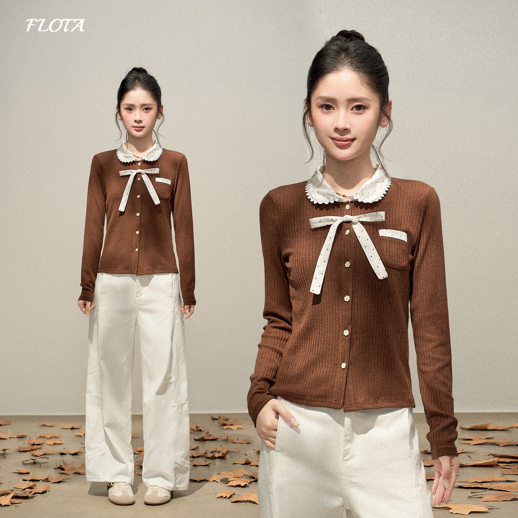 波点娃娃领针织开衫2025秋冬复古美拉德风绑带蝴蝶结长袖打底上衣