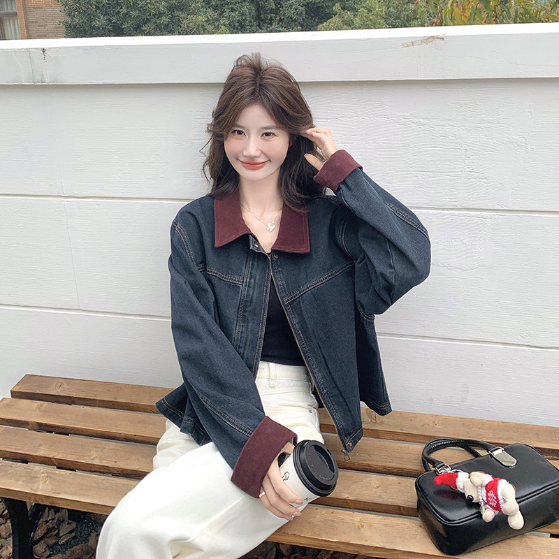 撞色拼接翻领牛仔外套女2025春季新款复古设计感休闲时尚短款夹克,女装牛仔外套,2C109