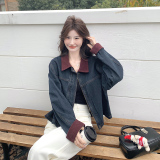 撞色拼接翻领牛仔外套女2025春季新款复古设计感休闲时尚短款夹克，女装牛仔外套，2C109