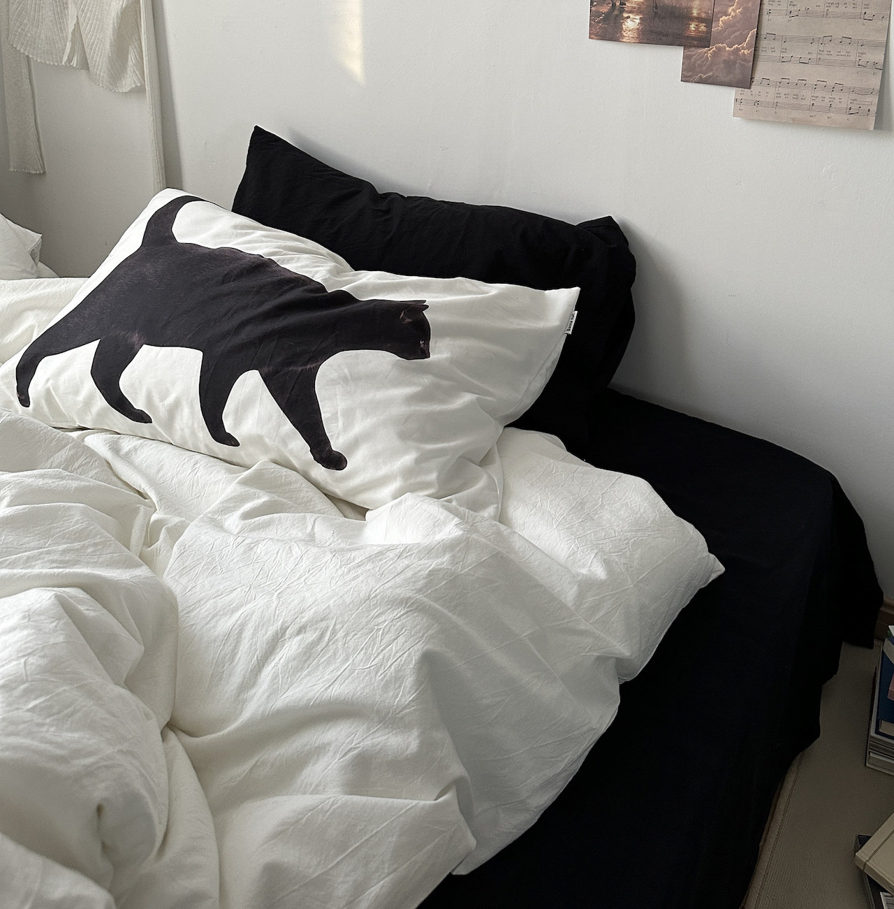 黑猫来了／ ins简约风黑白撞色四件套全棉水洗棉纯色床单床笠床品