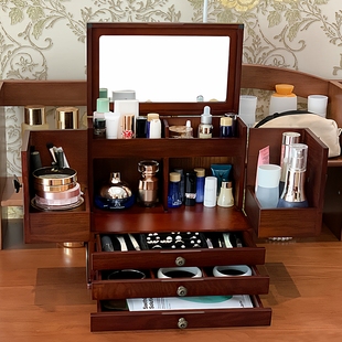 大容量化妆品首饰收纳饰品盒实木质护肤防尘面膜口红桌面梳妆台盒