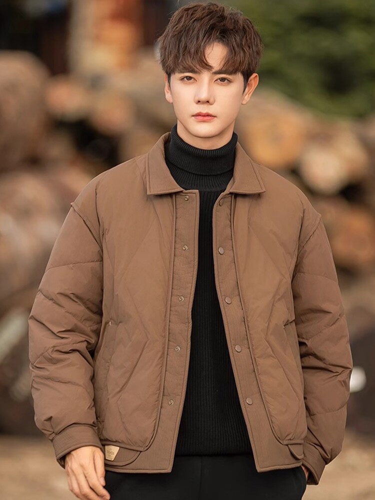 轻薄羽绒服男款冬季2025新款拼接90绒内胆翻领夹克男士假两件外套