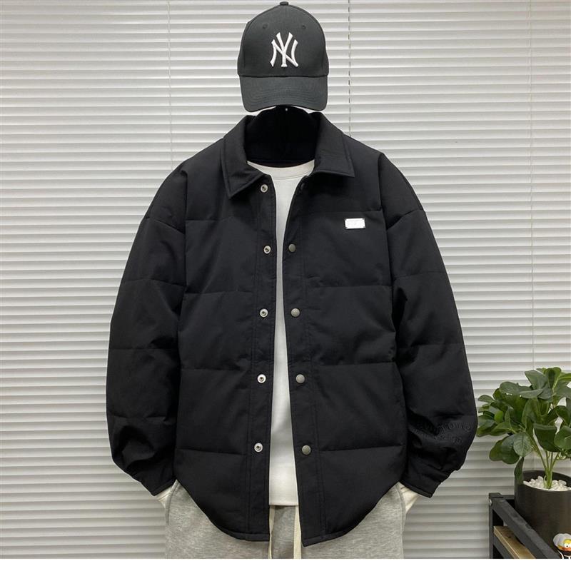 轻薄款翻领羽绒衣服男士冬装大码高级感条纹休闲衬衫式羽绒外套潮