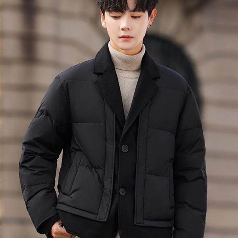高级感西装领假两件拼接短款羽绒服男冬季新款休闲潮保暖轻薄外套