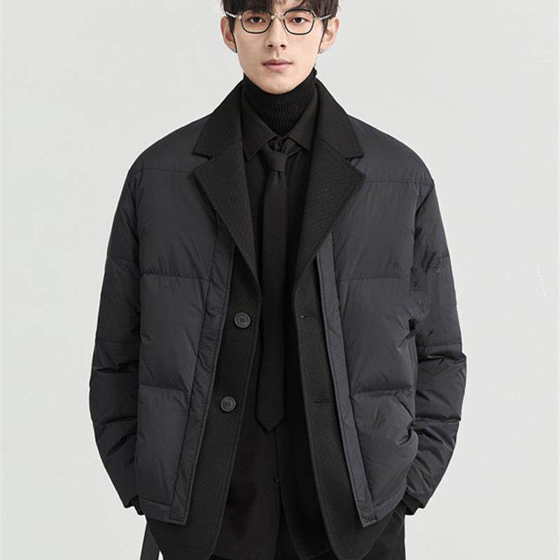 男装冬季新款高级设计感假两件西装领羽绒服短款鸭绒保暖外套