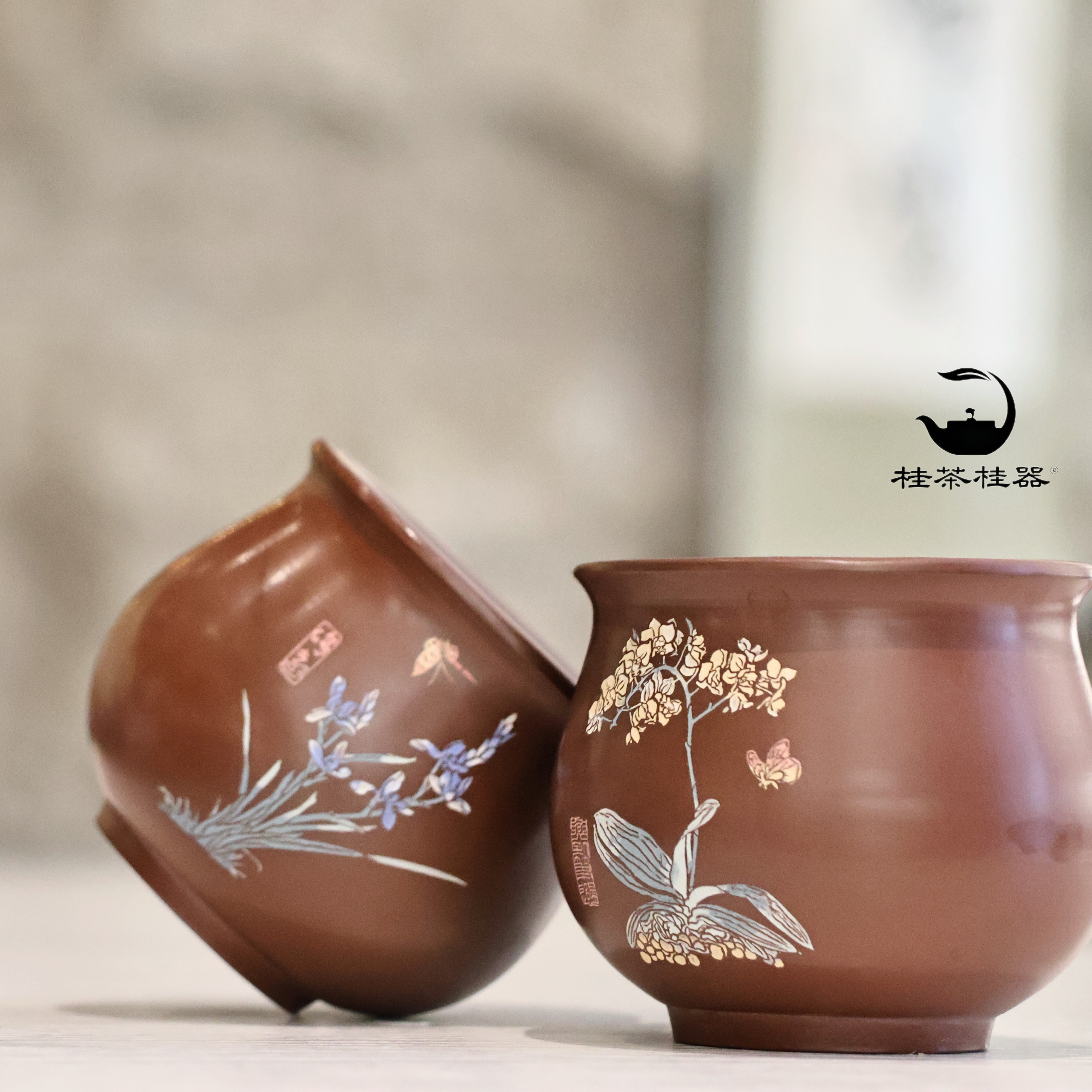 桂茶桂器|兰香引蝶坭兴陶主人杯泥绘雅致兰花品茗杯 非遗茶具