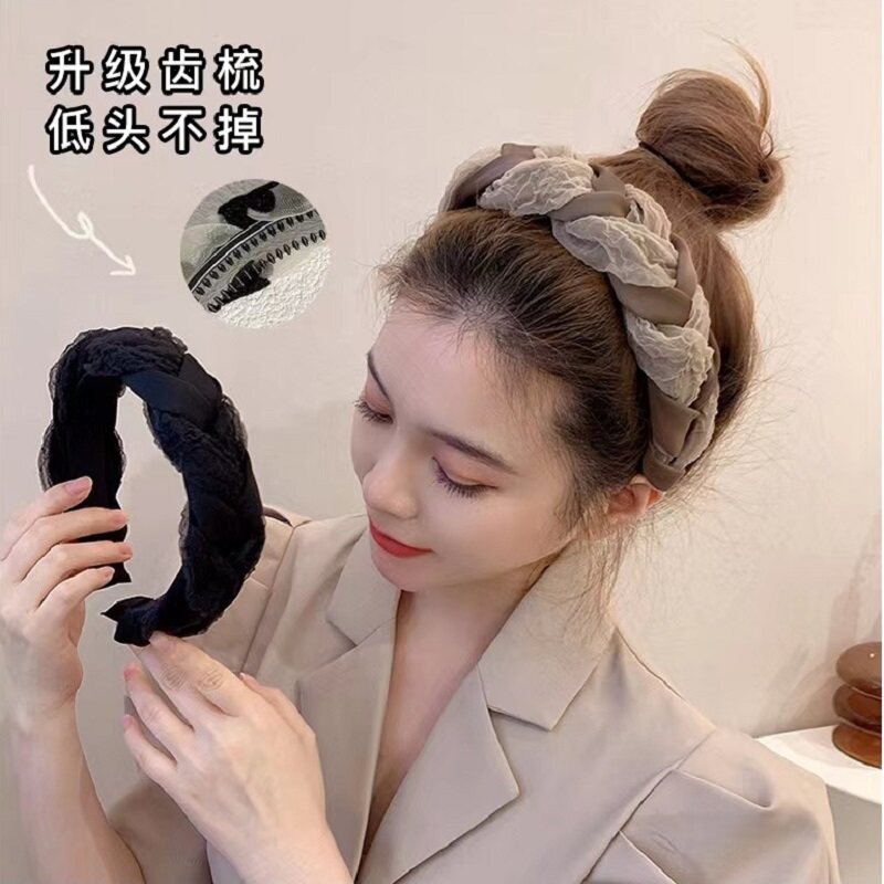 初秋高颅顶发箍女新款欧根纱带齿防滑宽边发卡气质麻花辫头箍头饰