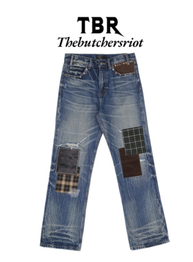 TBR x sod联名破坏补丁贴布乱针水洗深蓝扎花501skinny版型牛仔裤