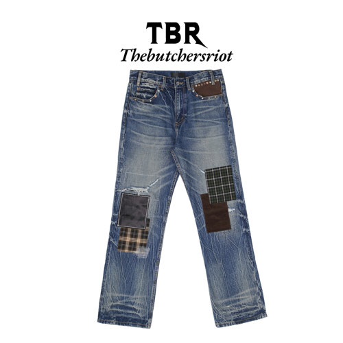 TBR x sod联名破坏补丁贴布乱针水洗深蓝扎花501skinny版型牛仔裤