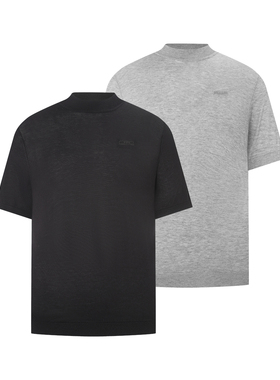 TBR羊毛桑蚕丝16针黑灰色毛织合身修身混纺短袖螺纹下摆