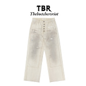 TBR 型牛仔裤 双膝5连扣奶油色水洗做旧泼墨伐木裤 宽松直筒版