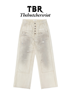 TBR 双膝5连扣奶油色水洗做旧泼墨伐木裤宽松直筒版型牛仔裤