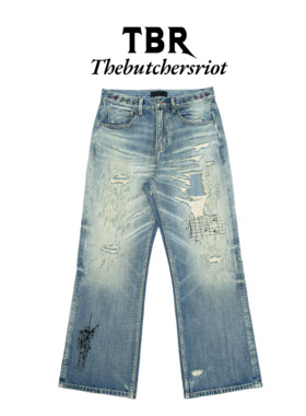 TBR x sod联名柯本元素刺绣印花boro 水洗蓝宽松直筒牛仔裤