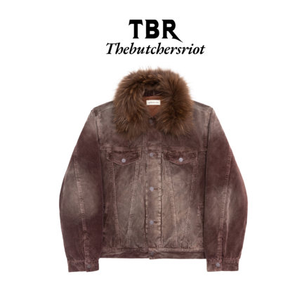 TBR 真毛领酒红色水洗灯芯绒紫铜3m棉夹克合身版型棉服