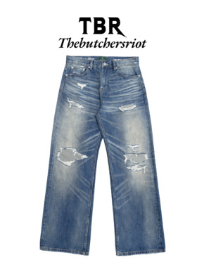 TBR x haonanhuang 银线赤耳牛仔裤 水洗竹节蓝破坏补丁立体猫须