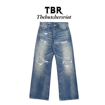TBR x haonanhuang 银线赤耳牛仔裤 水洗竹节蓝破坏补丁立体猫须