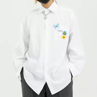 Dosho new polyester fiber casual hipster butterfly Daisy white shirt men Korean loose solid color long sleeve